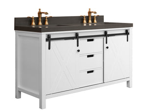 60" West Elm Double Vanity Set with White Cabinet, Pearl Grey Quartz Countertop, 2 Mirrors & Basins