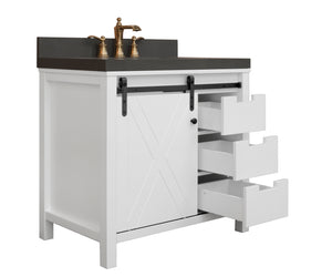 36" West Elm Vanity Set with White Cabinet, Pearl Grey Quartz Countertop, Mirror & Basin