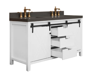 60" West Elm Double Vanity Set with White Cabinet, Pearl Grey Quartz Countertop, 2 Mirrors & Basins