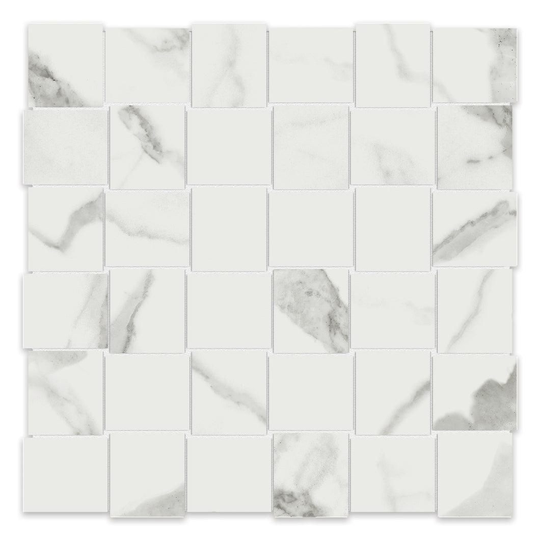 2x2 Chateau Statuario Venato Basketweave Polished Glazed Porcelain Mosaic