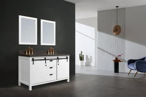 60" West Elm Double Vanity Set with White Cabinet, Pearl Grey Quartz Countertop, 2 Mirrors & Basins
