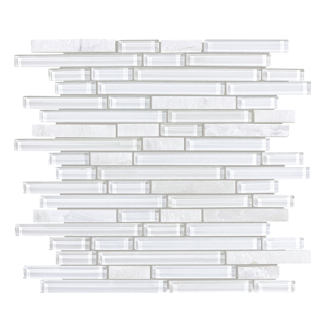 Random Strip Genesis White Glass Quartz Blend Mosaic