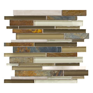 Random Strip Istyle Rustic Brown Glass Stone Metal Mosaic