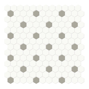 1" Architek Hexagon White w/ Taupe Dots Glazed Porcelain Matte Mosaic