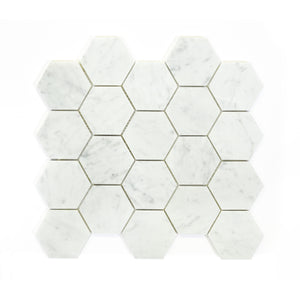 3x3 Italian Bianco Carrara Hexagon Polished Marble Mosaic