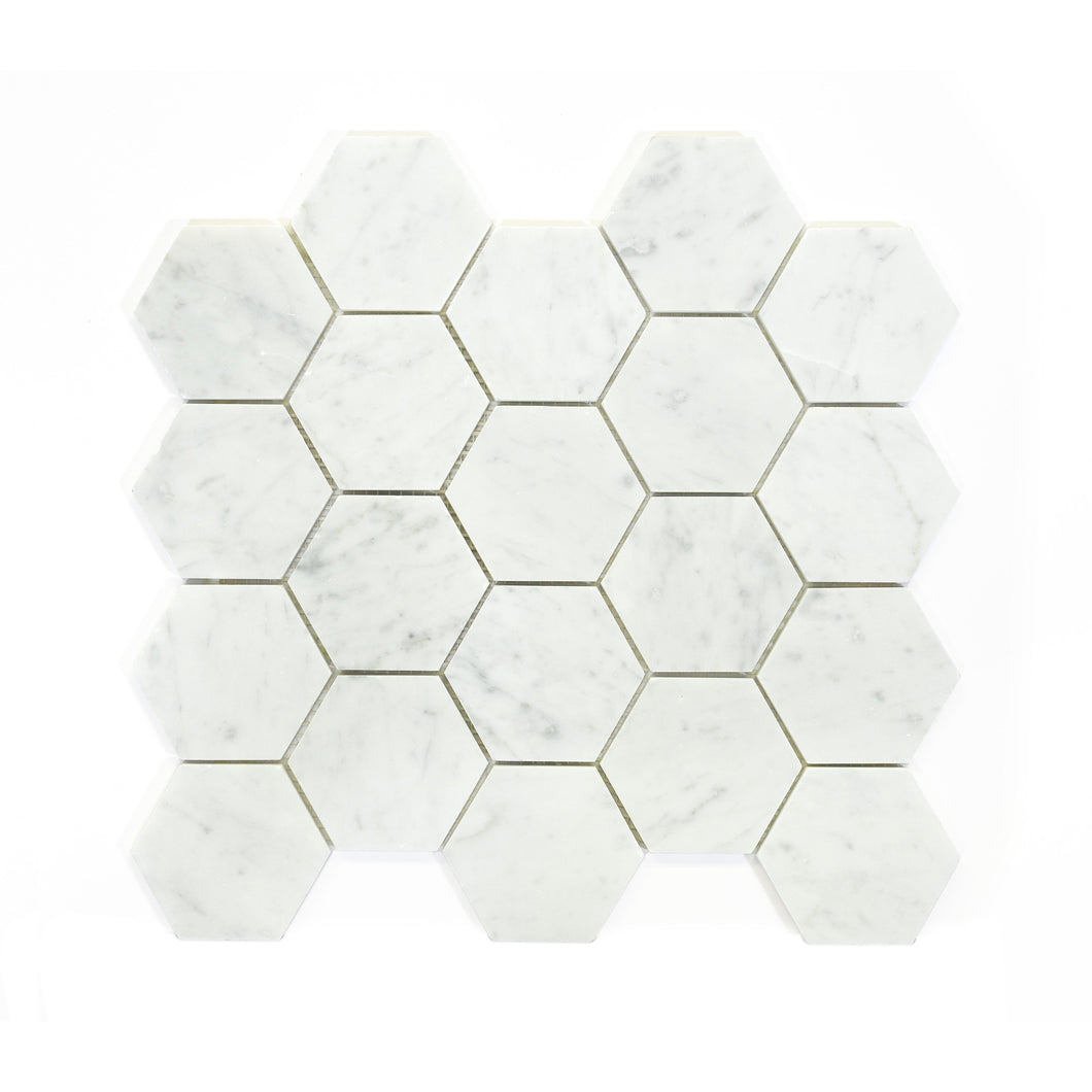 3x3 Italian Bianco Carrara Hexagon Polished Marble Mosaic