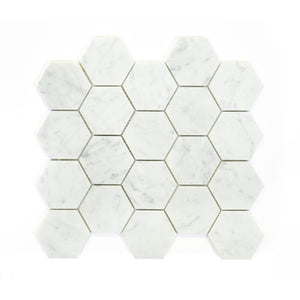 3x3 Italian Bianco Carrara Hexagon Honed Marble Mosaic