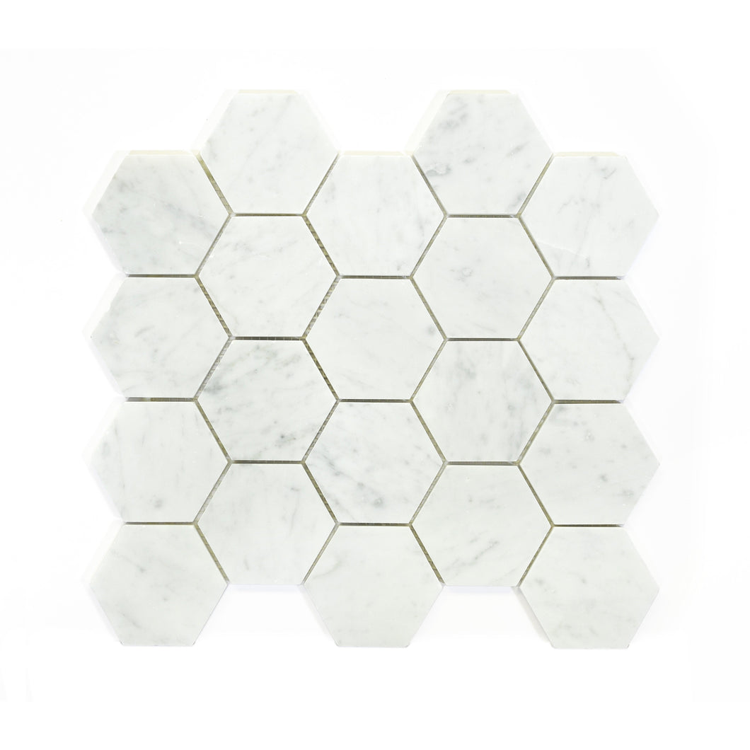 3x3 Italian Bianco Carrara Hexagon Honed Marble Mosaic