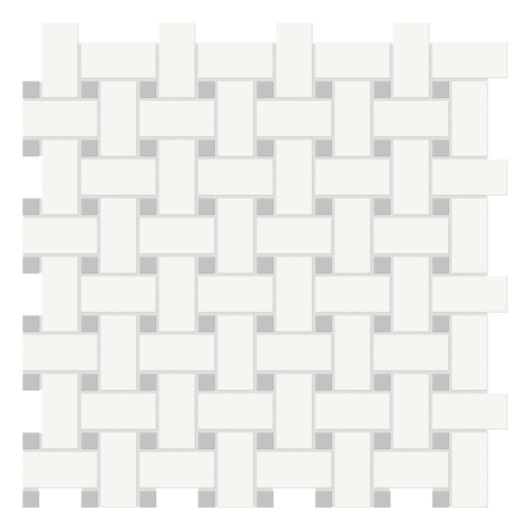 Basketweave Architek White w/ Grey Dots Glazed Porcelain Matte Mosaic