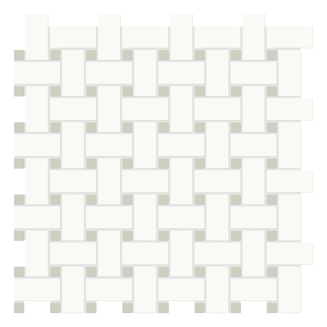 Basketweave Architek White w/ Verde Dots Glazed Porcelain Matte Mosaic