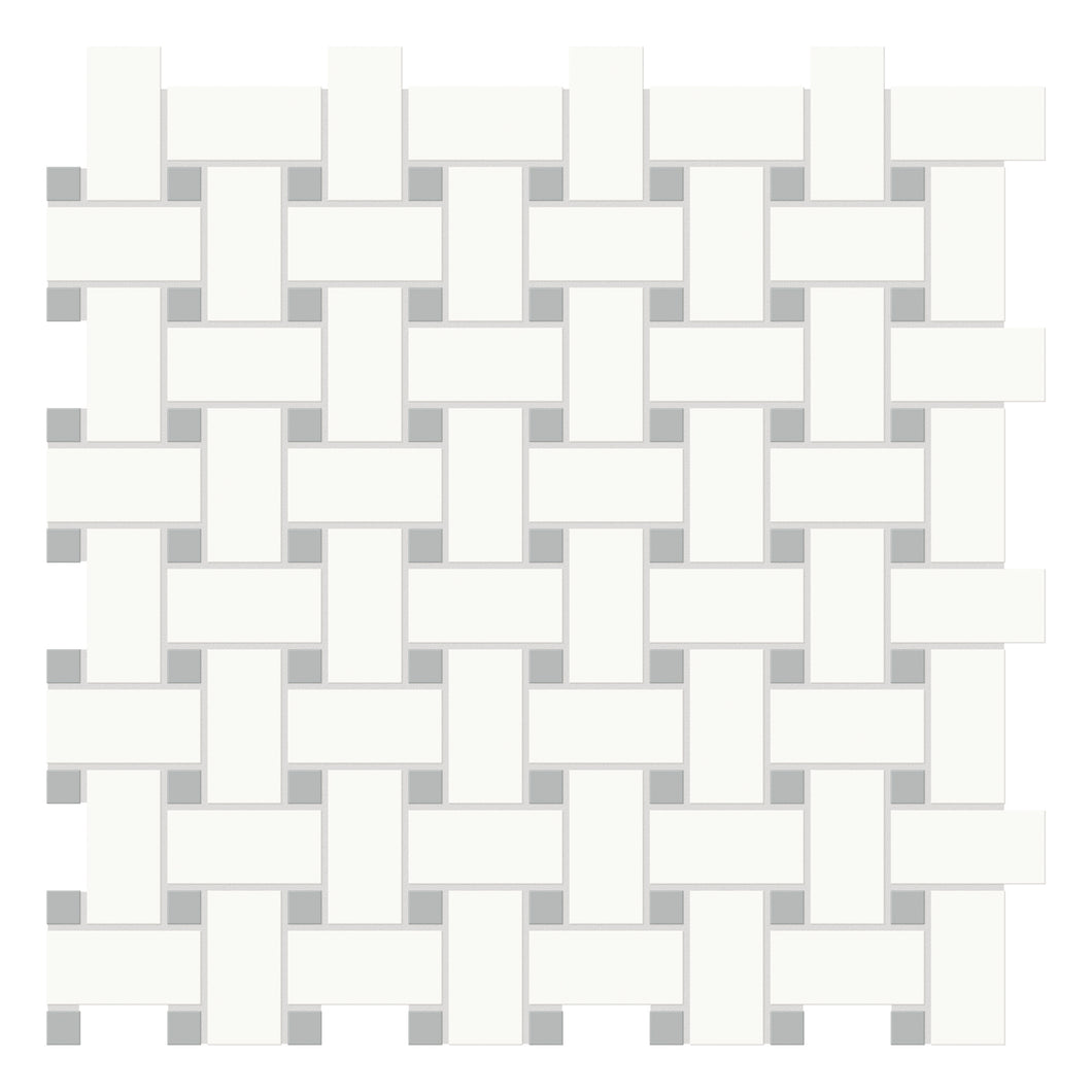 Basketweave Architek White w/ Skyblue Dots Glazed Porcelain Matte Mosaic