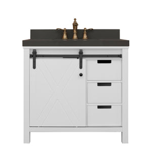 36" West Elm Vanity Set with White Cabinet, Pearl Grey Quartz Countertop, Mirror & Basin