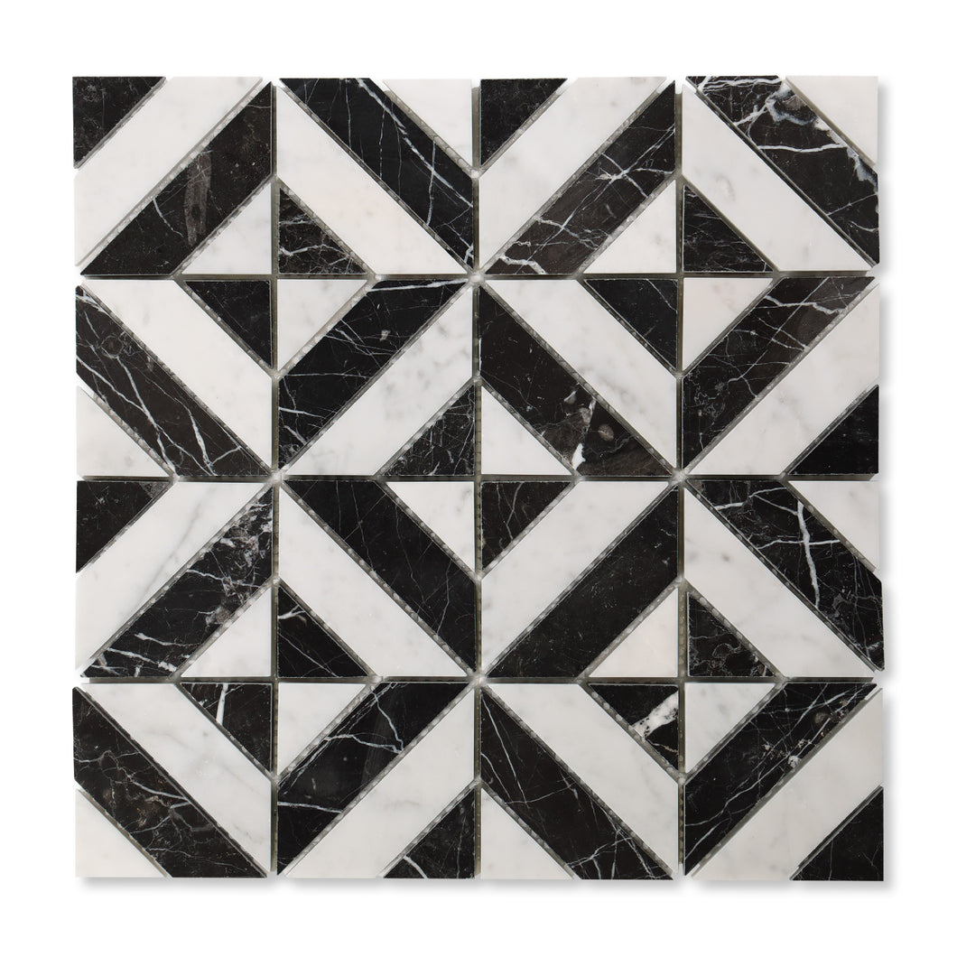 Artistic Striped Square Carrara & Valentina Black 1st Grade Marble Polished Mosaic Final Sale