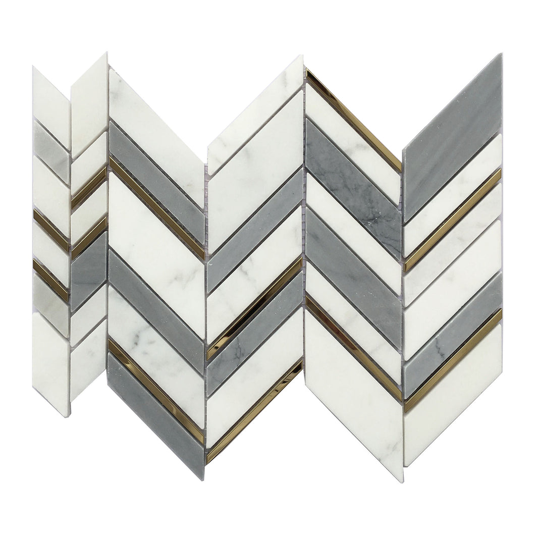 Artistic Chevron English Statuario & Atlantis Grey with Gold Accent Marble Pol Mosaic Final Sal