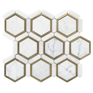 4" Artistic Bianco Hexagon Marble w/ Gold Accent Polished Mosaic Final Sale