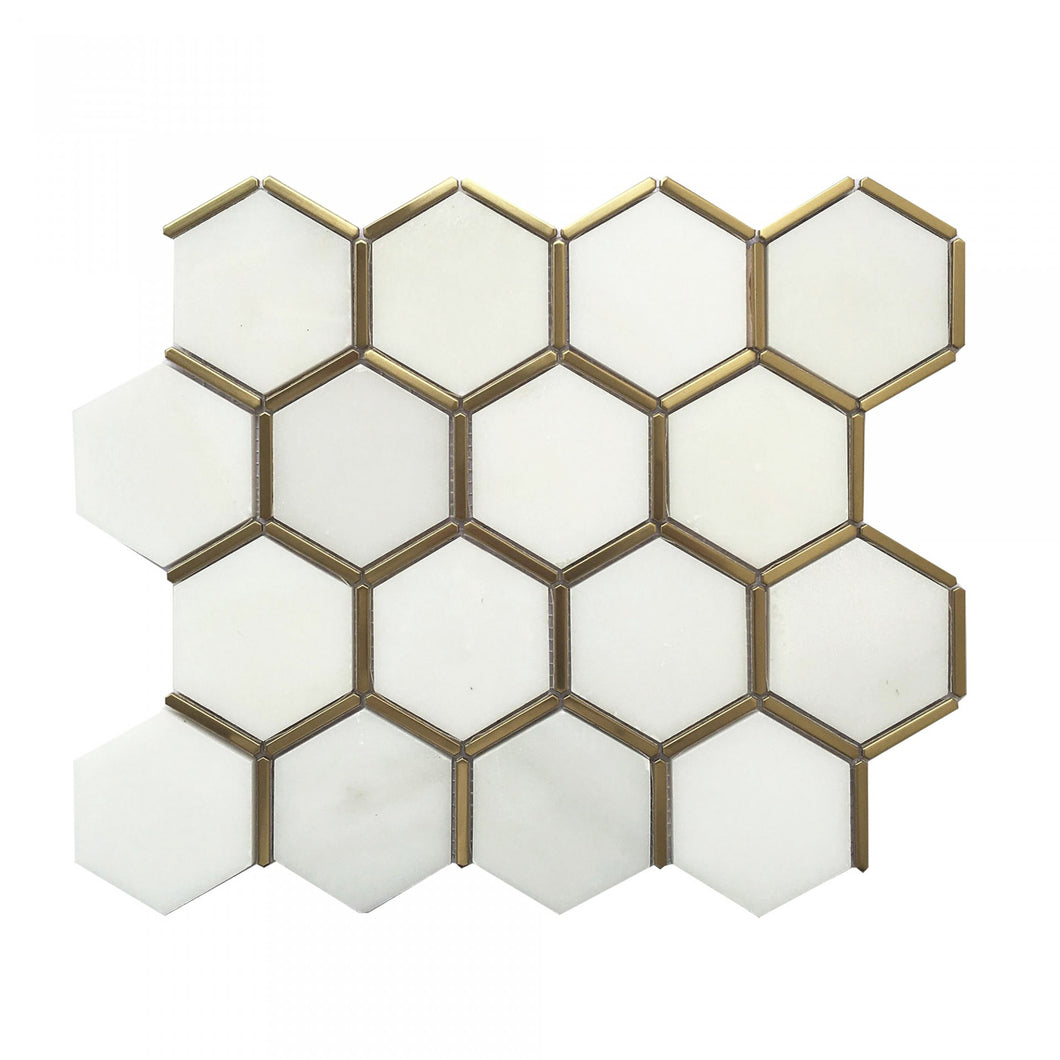 Artisctic Hexagon White Marble w/ Gold Frame Polished Mosaic Final Sale