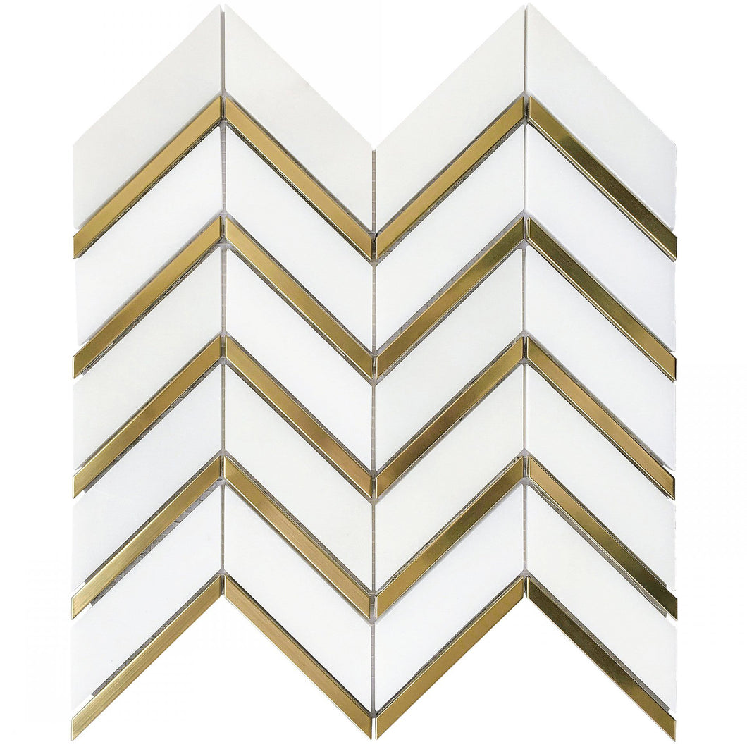 2x4 Artistic Bianco Chevron Marble w/ Gold Accent Polished Mosaic Final Sale